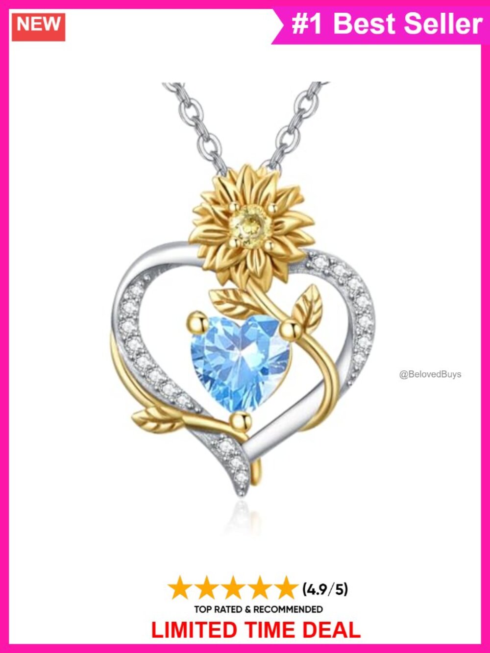 925 Sterling Silver Sunflower Pendant Necklace Created Aquamarine Heart